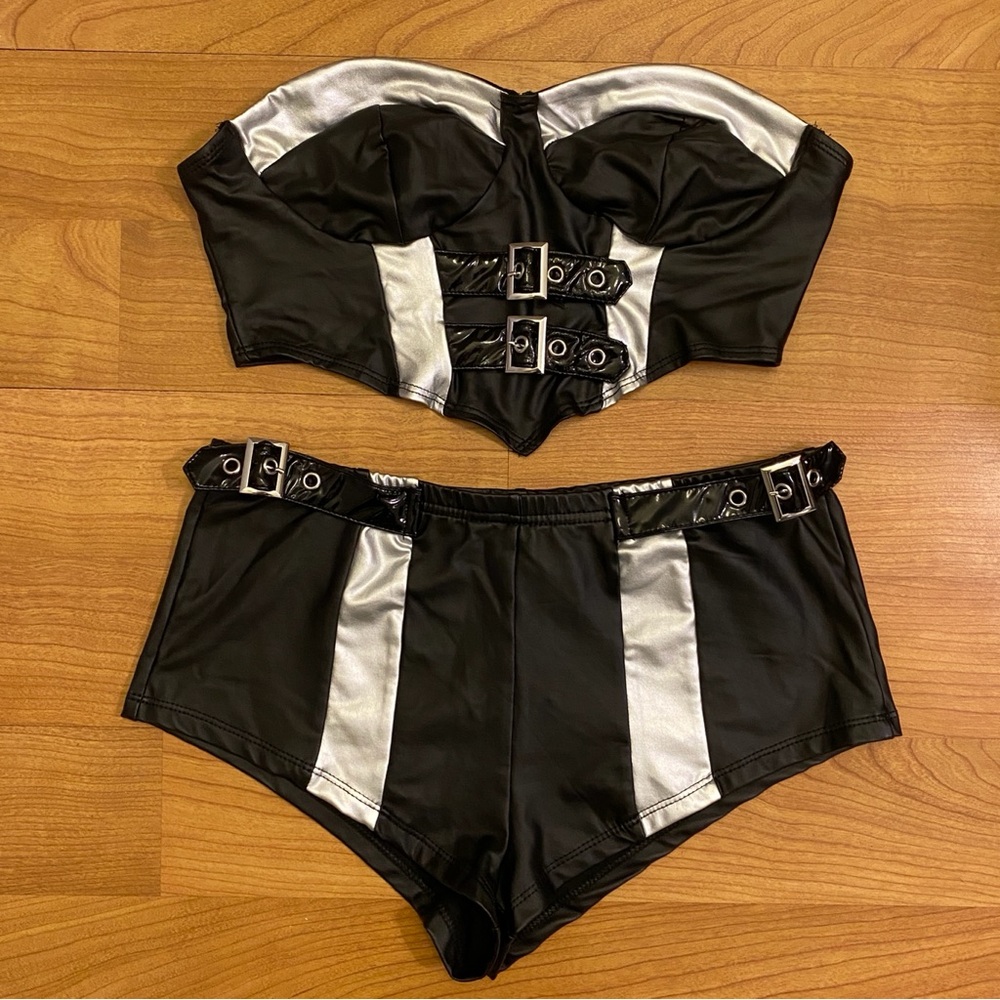 Black Faux Leather & Metallic Silver Buckle Festival Set